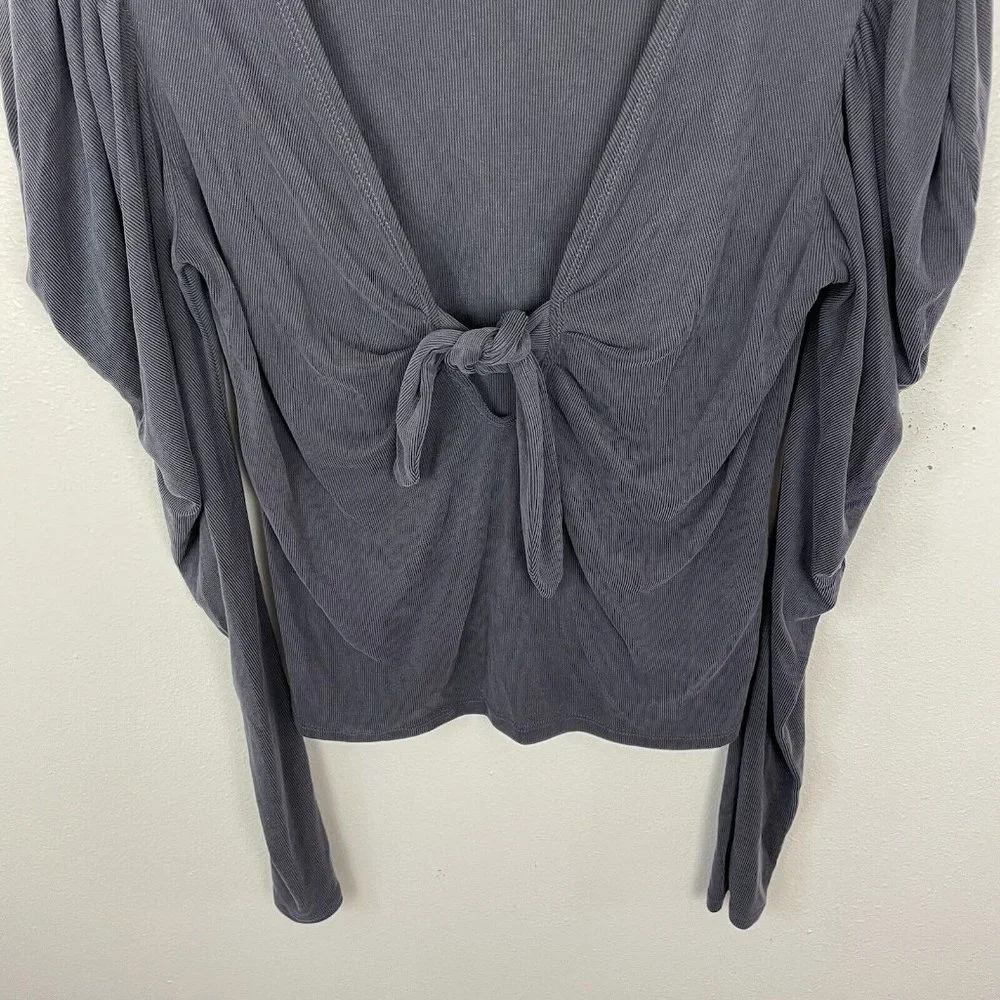 Free People Puff Shoulder Tie Front Tie The Knot Top Ribbed Long Sleeves Gray S